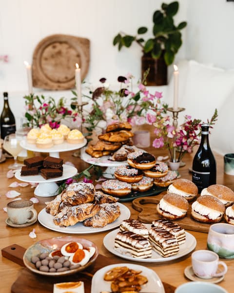 Home Grain Bakery catering spread with pastries, sweets and drinks