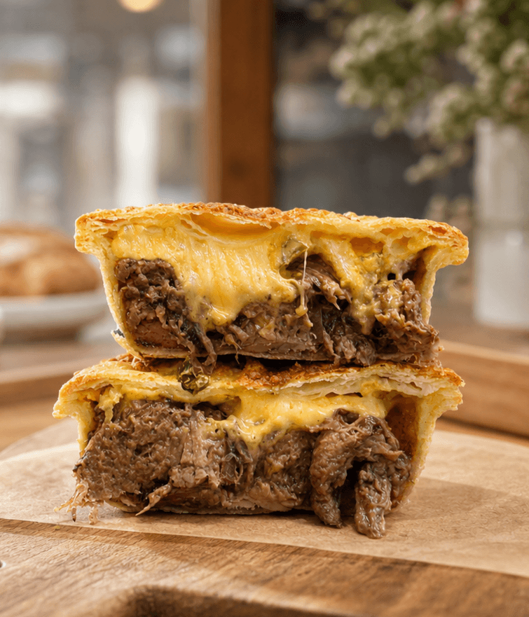 Brisket pie cut open to show the filling