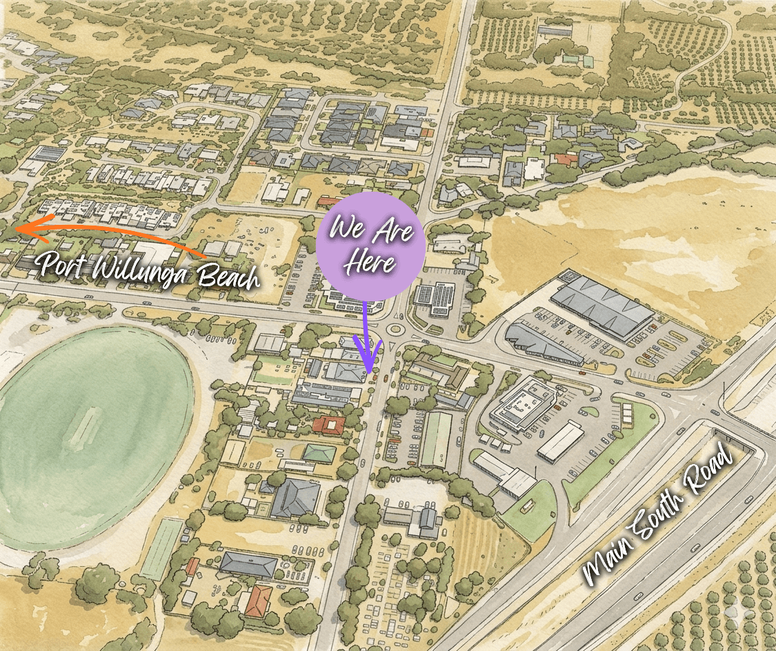 Illustrated map showing Home Grain Bakery near Port Willunga Beach and Main South Road